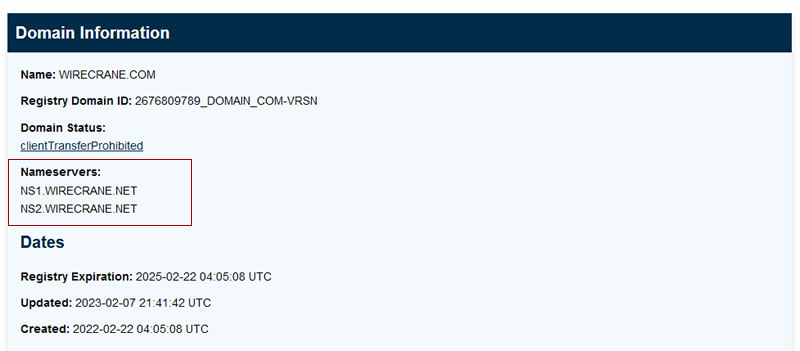 Snapshot from ICANN whois search showing nameservers ns1.wirecrane.net and ns2.wirecrane.net